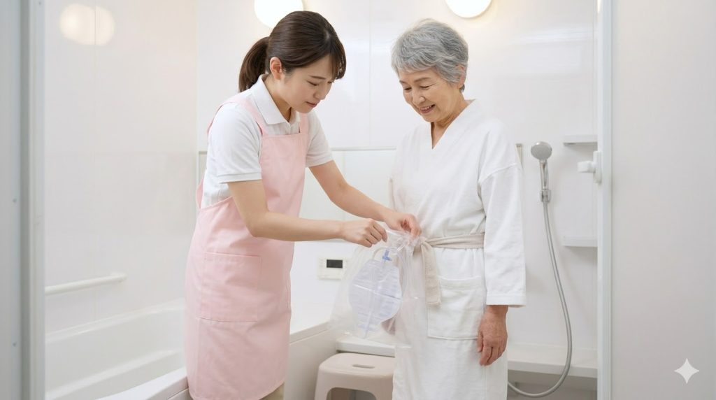 日本の家庭の浴室で、介護スタッフが高齢者の入浴介助をする際、尿バルーンの蓄尿バッグをビニール袋に入れ、感染予防と安全を確保する様子。
