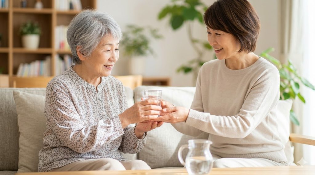 明るいリビングで、娘が母親に寄り添い、お茶を差し出して水分補給を促す温かい時間。尿トラブルの予防に欠かせないケアです。