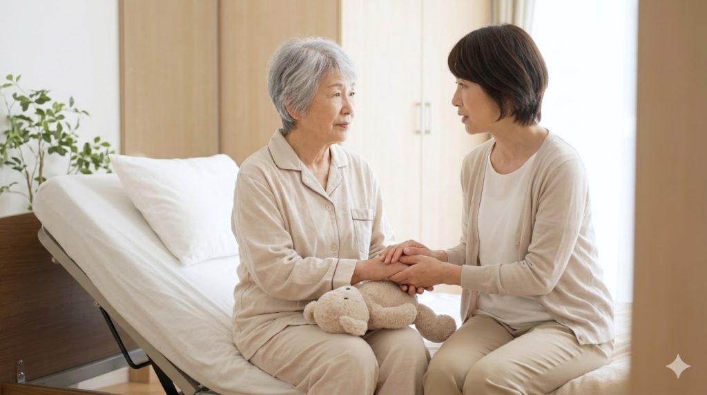 日本の介護施設で、認知症の高齢女性に寄り添う女性スタッフ。身体拘束ではなく、心のケアと根本的な原因の解消による自己抜去の予防を表現しています。