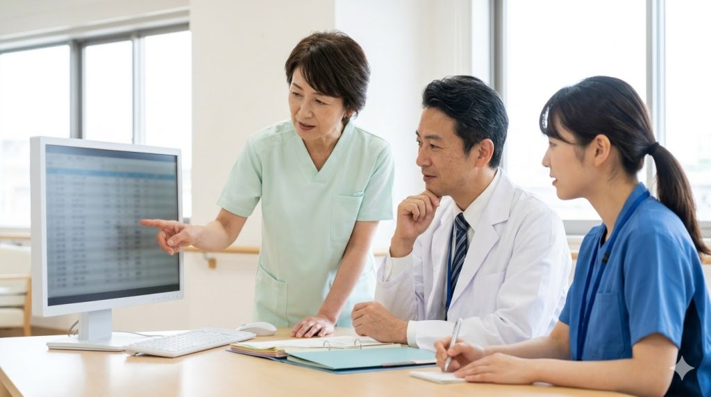 介護施設で、施設長、看護師、医師がカンファレンスを行う様子。尿バルーン利用者の受け入れ体制と多職種連携を象徴します。