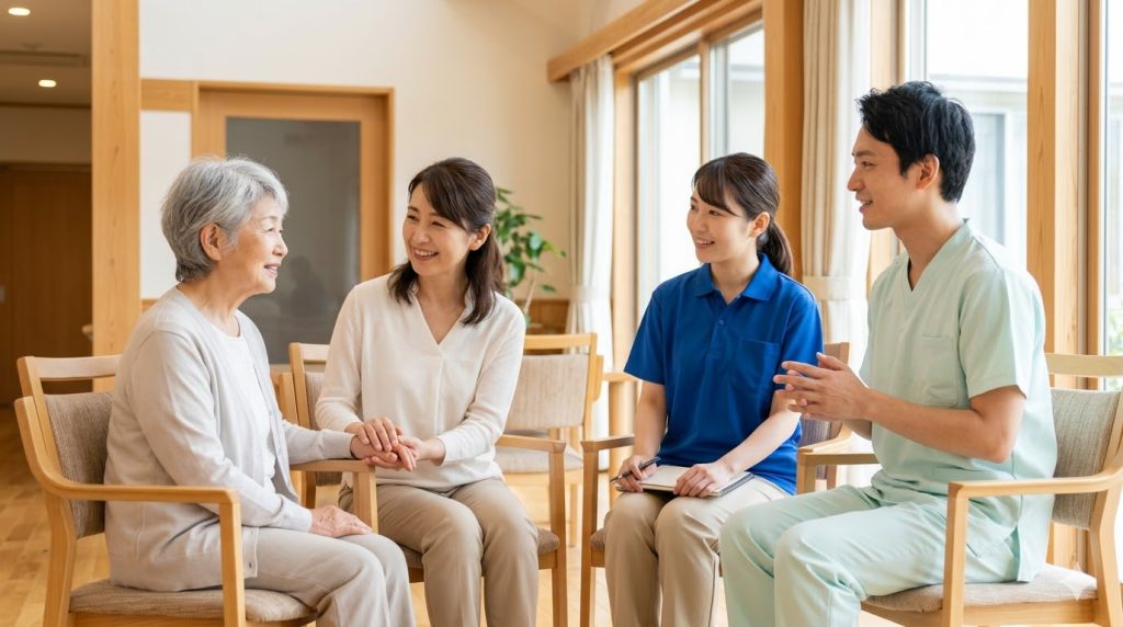 介護施設で、高齢者とその家族が、ケアマネージャーや看護師、施設スタッフとチームになり、笑顔でこれからの生活について話し合う、安心感あふれる場面。