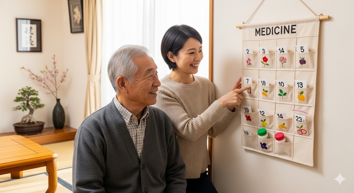 壁に掛けた手作りのお薬カレンダーを笑顔で確認する高齢男性とサポートする娘
