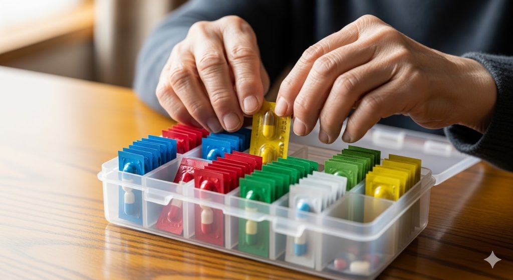 00均の仕切り付きケースにお薬を丁寧に小分けして収納する高齢者の手元