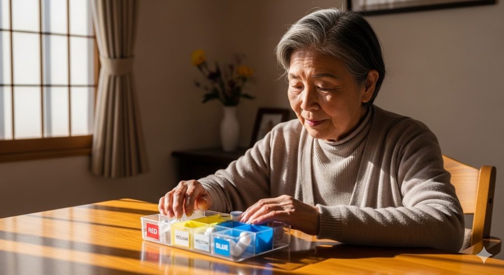 色分けされたラベルシールが貼られた薬ケースを前に、安心した表情を浮かべる高齢女性