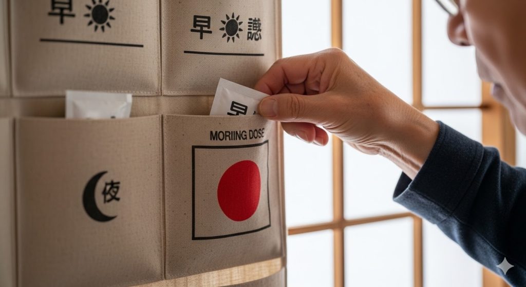 大きな印がついた壁掛けポケットから、朝の分のお薬を取り出す高齢男性の手