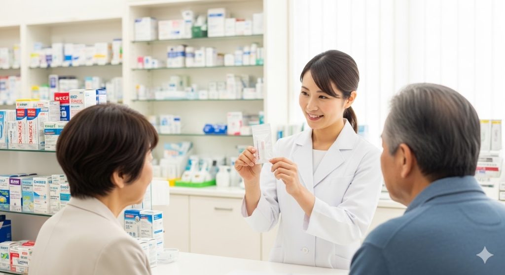 調剤薬局で薬剤師から一包化されたお薬の丁寧な説明を受ける高齢夫婦