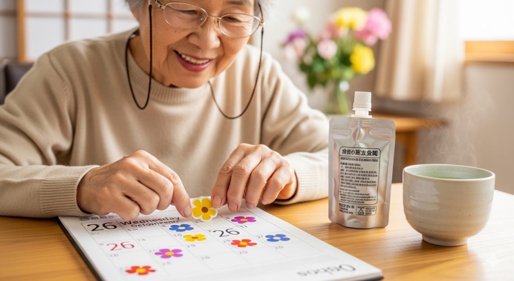 薬を飲んだ後に達成感を持ってカレンダーに花丸のシールを貼る高齢女性