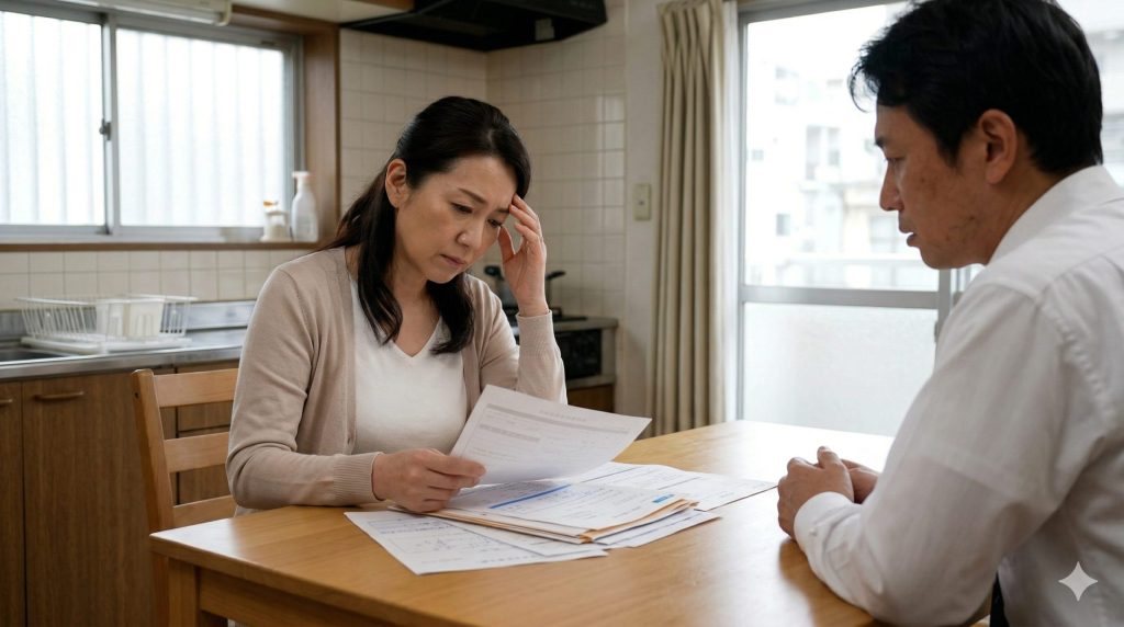 独身兄弟の介護問題に悩み、自宅のテーブルで書類を前に不安な表情を浮かべる日本人夫婦の様子