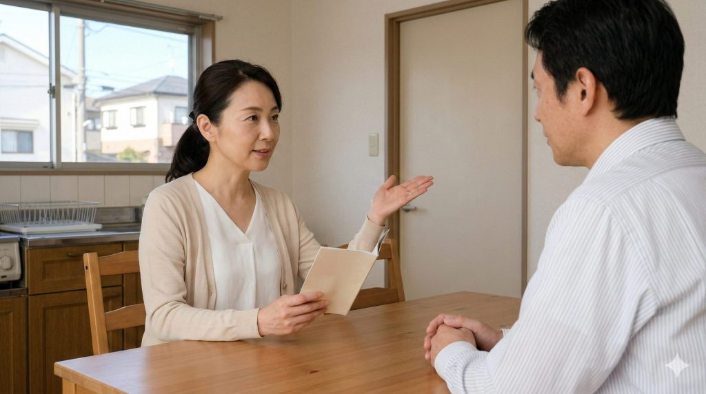 自宅で夫と話し合いながら、自身の家族の生活を優先する意志を再確認する日本人女性の様子