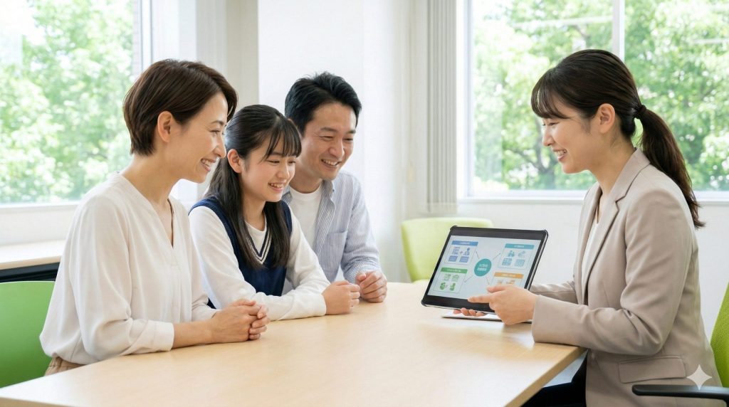 地域包括支援センターで、日本人家族が笑顔で女性職員から公的扶助制度の説明を受けている様子