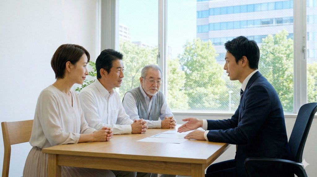 日本人家族が専門家のオフィスで、成年後見制度や相続について真剣に相談している様子