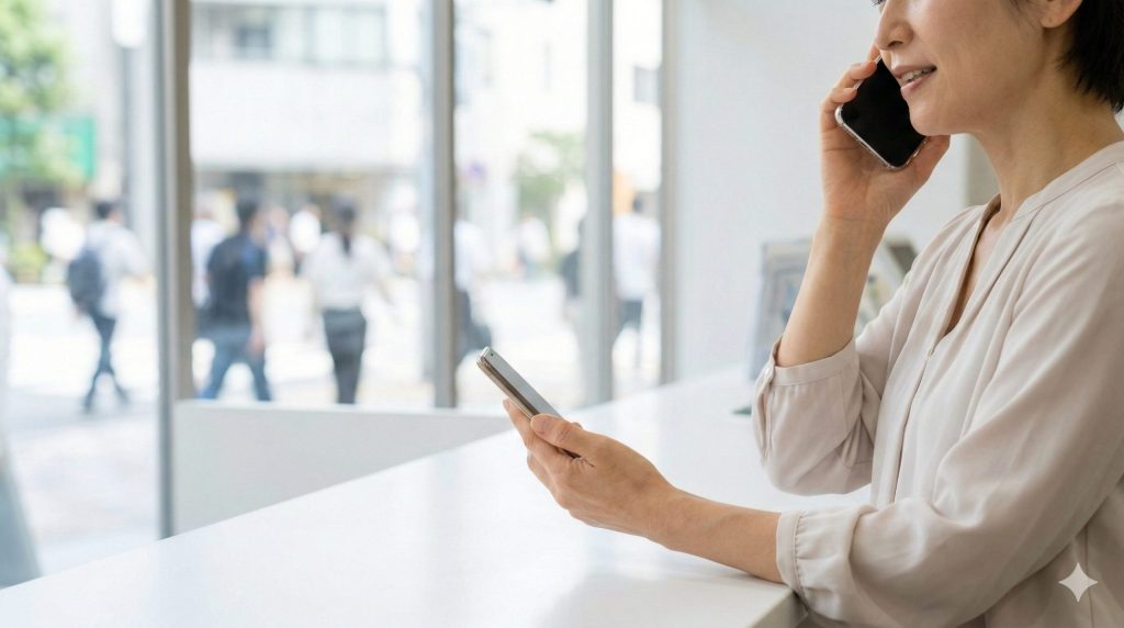 地域包括支援センターの窓口近くで、スマートフォンを使って相談の電話をかける日本人女性の手元のアップ