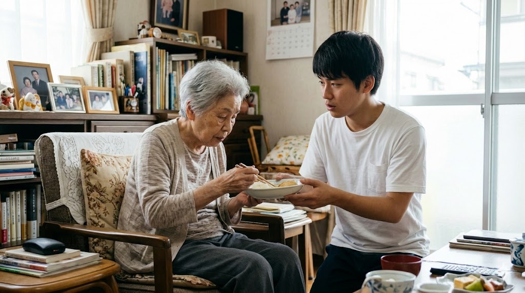 日本の家庭の居間で、孫と思われる若い男性が祖母に食事の介助をしている様子。複雑な表情を浮かべる孫と、申し訳なさそうな祖母