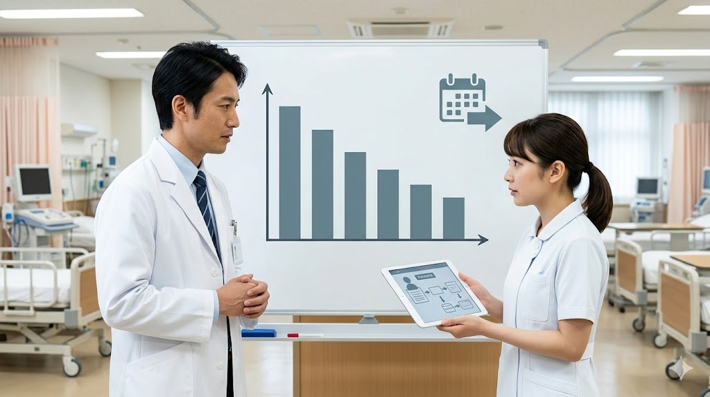 急性期病院で使われるDPC制度の、入院期間が長引くほど1日あたりの点数が下がる仕組み(階段状のグラフ)を説明する医師と看護師。