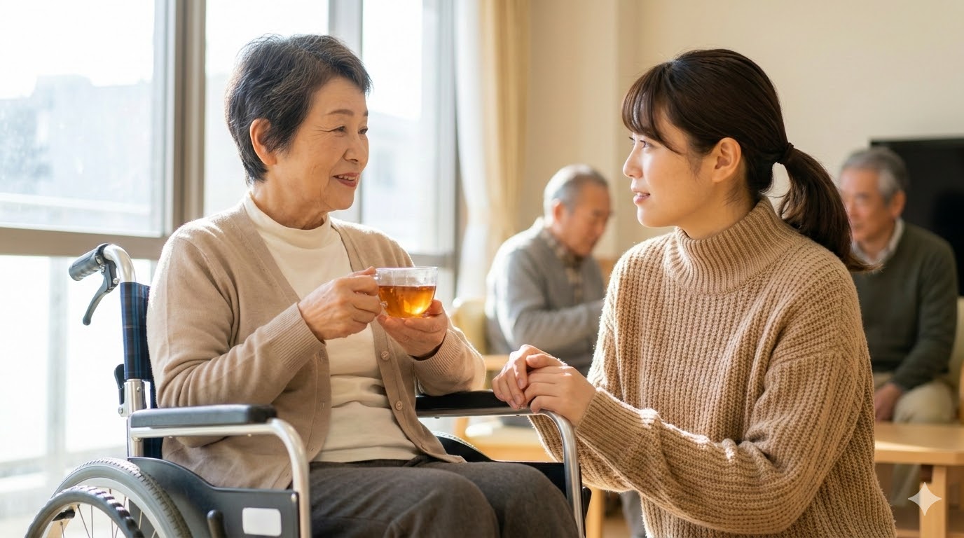 老人ホームの共用スペースで、車椅子に座る日本人の高齢女性と、その向かいに座って笑顔で話を聞く娘の、温かい面会の様子。