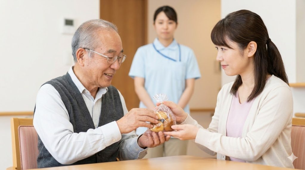 老人ホームで、テーブルに座る日本人の高齢男性が、訪れた娘からお菓子の差し入れを笑顔で受け取る瞬間。背景には、様子を見守る施設スタッフの姿も見える。