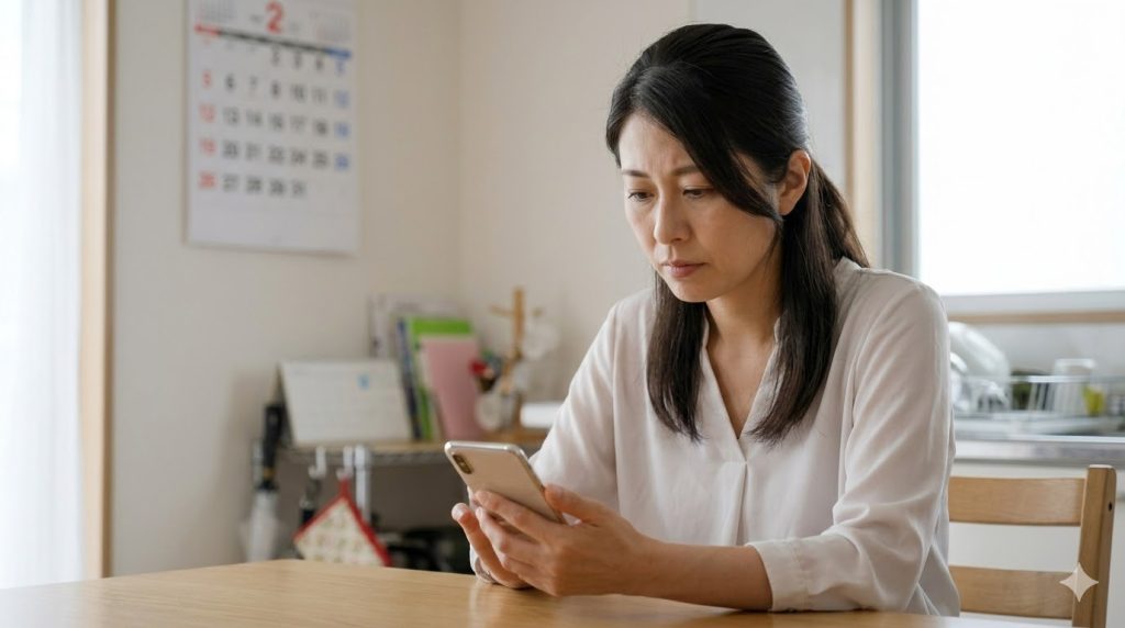 自宅のキッチンで一人、スマートフォンを手に、老人ホームにいる親への面会に行けないことに罪悪感を感じて悩む日本人の女性。