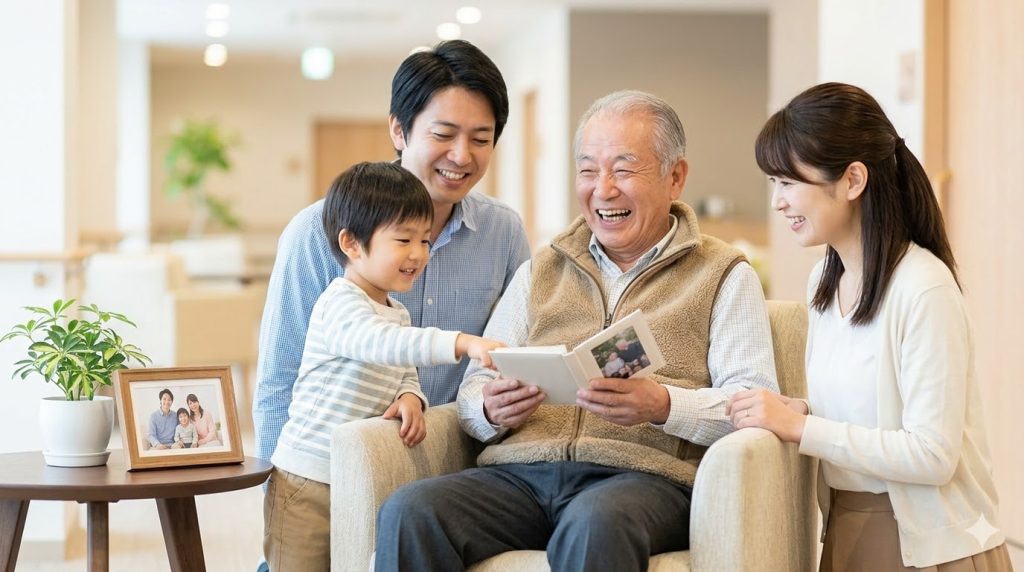 老人ホームのラウンジで、アルバムを広げて笑顔で語り合う日本人の高齢男性とその息子夫婦、孫。親子の絆を深める温かい時間の様子。