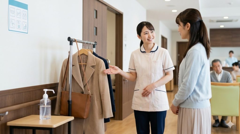 老人ホームのラウンジで、日本人女性の訪問客に、コート掛けや荷物置き場について笑顔で案内する施設スタッフ。消毒液なども設置され、共同生活のルールを守る様子。