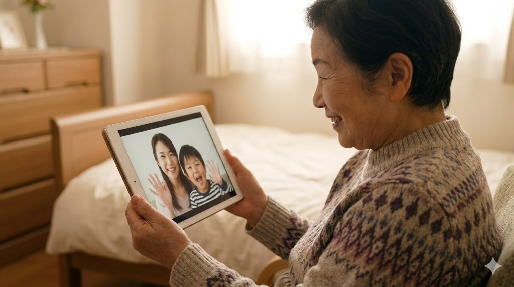 老人ホームの居室で、タブレット端末を手に、自宅にいる娘や孫とオンライン面会をして笑顔で話す日本人の高齢女性。