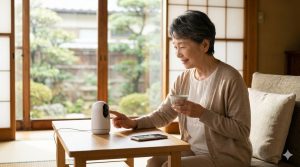高齢女性が自宅の居間で、見守りカメラと優しく向き合っている様子。安心感のある生活風景。