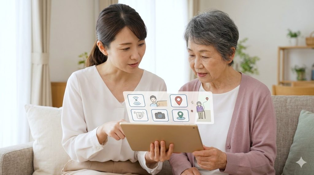 娘がタブレットを使って、高齢の母に様々な種類の見守り機器(センサー、カメラなど)の違いを説明している様子。親子での相談風景。