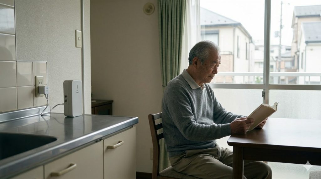 インターネット環境がない日本の住宅で、高齢男性が穏やかに過ごす様子。壁のコンセントにはWiFi不要の見守りプラグが挿さっている。