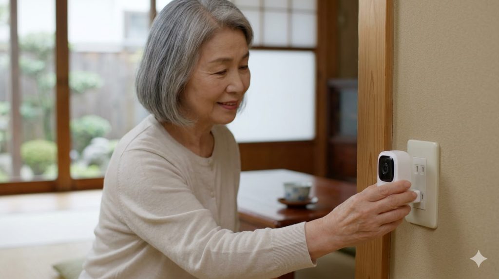 高齢女性が自宅のコンセントに、工事不要の見守りカメラを簡単に挿して設置している様子。誰でも簡単に導入できる手軽さを表現。