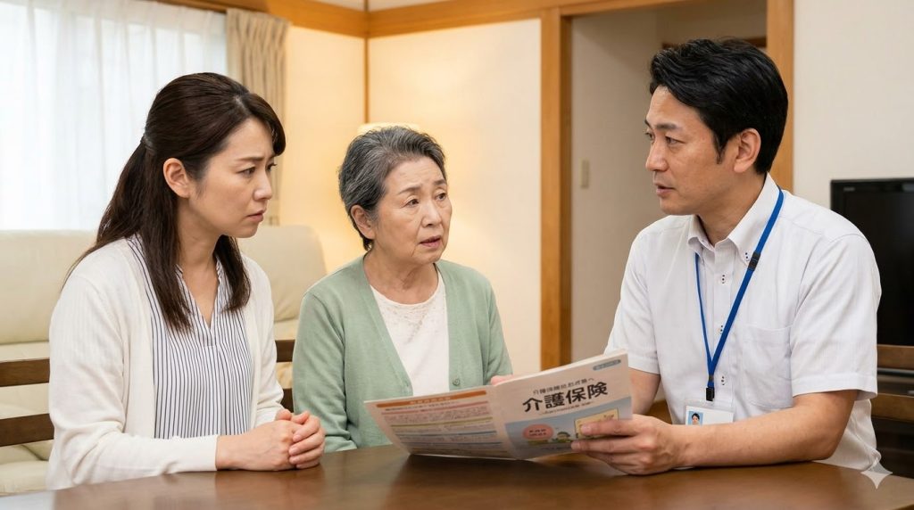 ケアマネージャー(男性)が高齢女性とその娘に対し、介護保険制度の仕組みや適用条件についてパンフレットを使って丁寧に説明している様子。