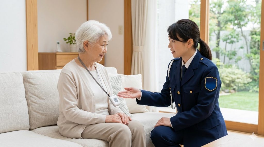 警備会社の女性スタッフが、高齢女性の自宅を訪問し、緊急時の駆けつけサービスについて優しく説明している様子。安心感。
