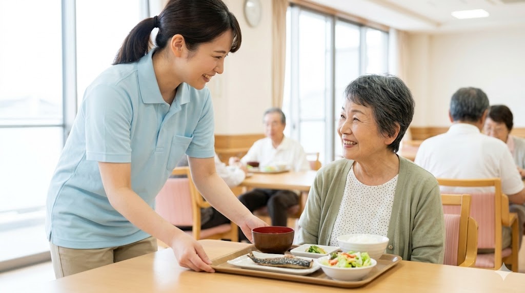 特別養護老人ホームで、食費や居住費の負担軽減制度を活用し、食事を楽しむ高齢者の様子