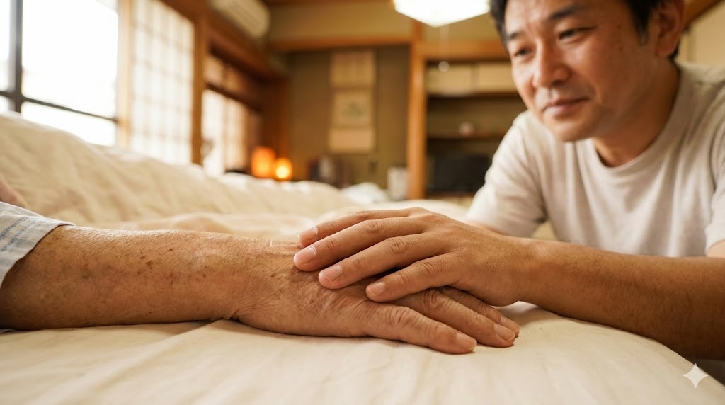 終末期の患者さんの手に優しく手を添える日本の家族の様子。穏やかな看取りの人間的なふれあいを象徴