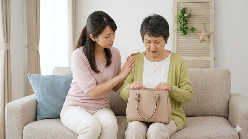 訪問介護で物が盗まれたのではと不安になり、空のカバンを見つめる日本の高齢女性と、寄り添って話を聞く家族（娘）の様子。不安を共有し、冷静な事実確認の第一歩となる。
