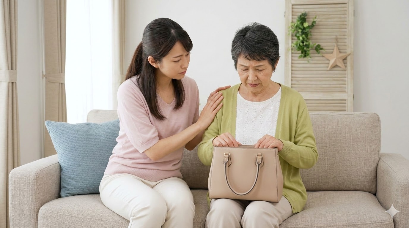 訪問介護で物が盗まれたのではと不安になり、空のカバンを見つめる日本の高齢女性と、寄り添って話を聞く家族(娘)の様子。不安を共有し、冷静な事実確認の第一歩となる。