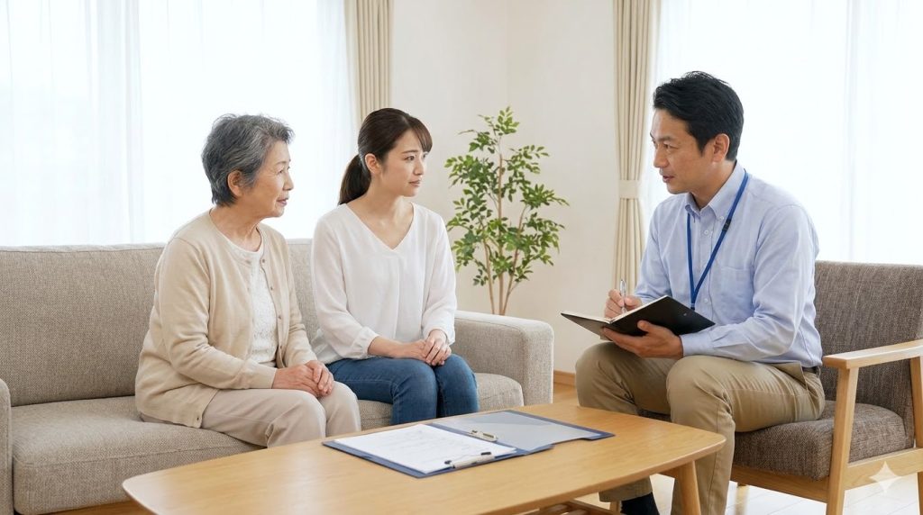 訪問介護での盗難疑いについて、自宅のリビングで日本のケアマネージャー(男性)に相談する高齢女性と家族(娘)。第三者であるケアマネージャーの客観的なアドバイスが重要。