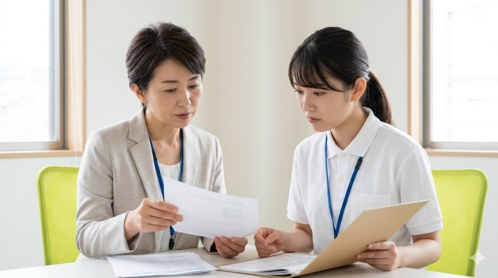 訪問介護事業所のオフィスで、利用者からの盗難被害の訴えを受けて、真剣な表情で関係資料を確認し内部調査を行う日本の女性管理者とスタッフ。事業所の誠実な対応が求められる。