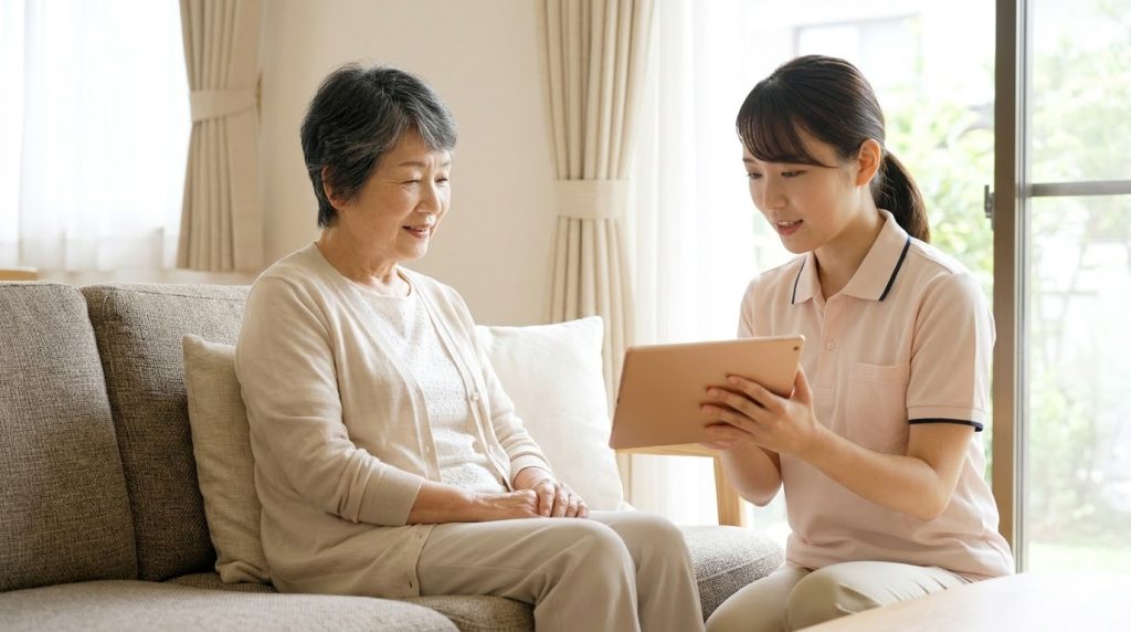 訪問介護での盗難トラブルを乗り越え、新しい日本のヘルパー(女性)と自宅のリビングで笑顔で過ごす高齢女性。信頼関係を再構築し、安心して在宅生活を送る。