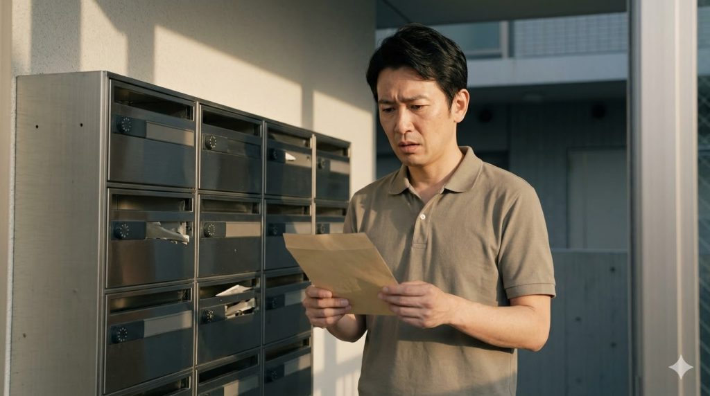 アパートのエントランスで、空の封筒を持ち困惑する日本人男性。後ろには集合ポストがある。