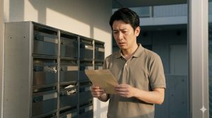 アパートのエントランスで、空の封筒を持ち困惑する日本人男性。後ろには集合ポストがある。