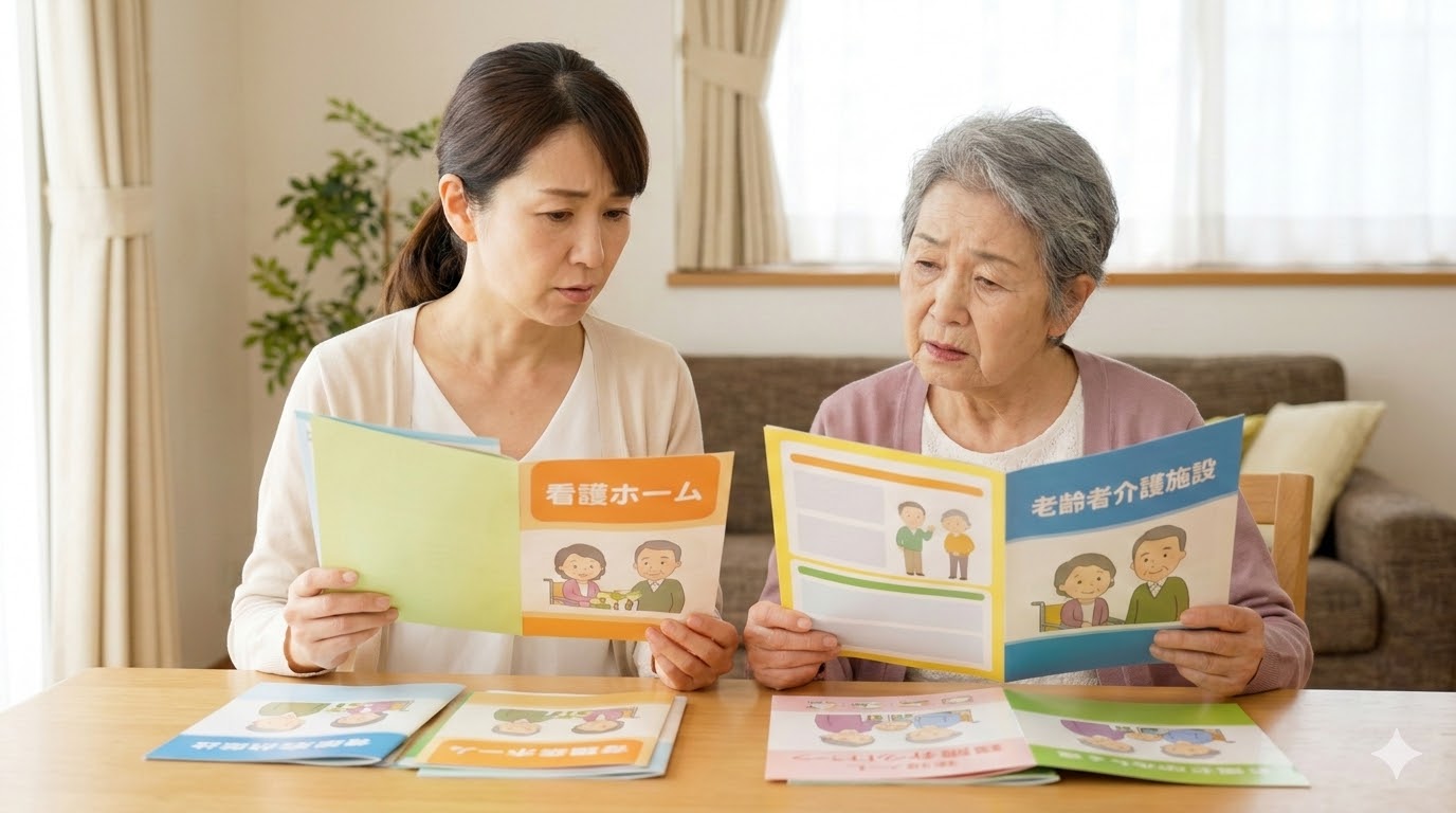 老人ホームのパンフレットを前に、違いが分からず困惑する日本人の母と娘。