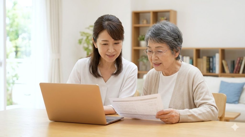 自宅でPCと資料を見ながら、入居と入所の違いについて学ぶ日本人の母と娘。