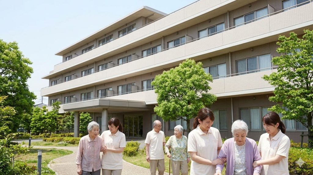 介護職員が付き添う、緑豊かな特別養護老人ホーム（公的施設）の外観