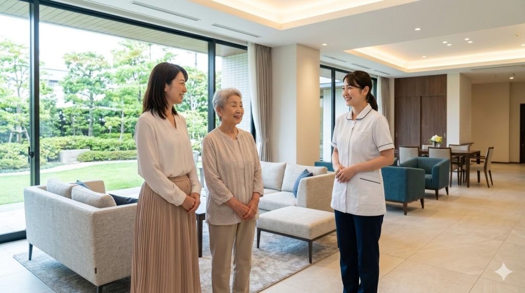 明るいラウンジで見学をする、日本人の母娘と笑顔の民間有料老人ホームスタッフ。