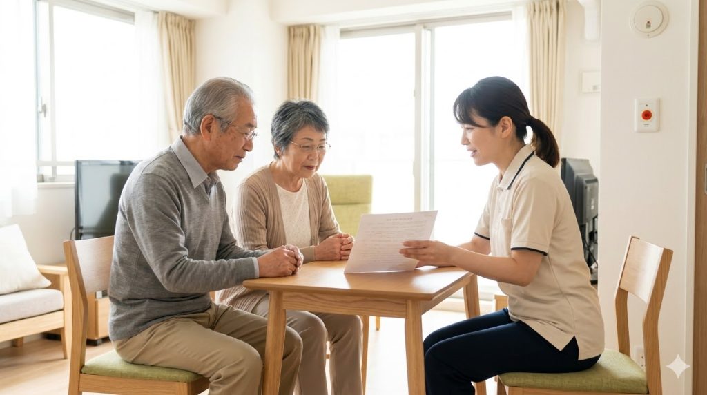 サービス付き高齢者向け住宅（サ高住）の自室で、賃貸借契約の説明を受ける日本人の高齢夫婦。