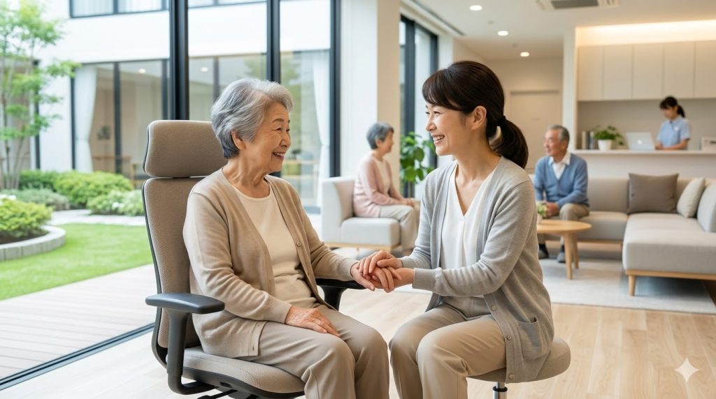 施設内の共有スペースで、互いに笑顔を見せる日本人の母と娘。