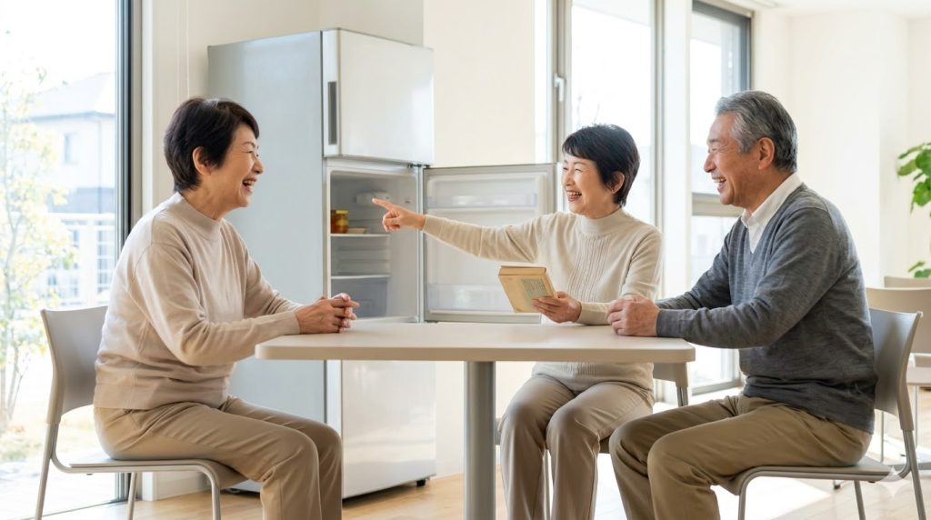 コミュニティセンターで、互いに老いの失敗談を語り合い、大笑いする日本人の高齢者グループ。ユーモアを持って老化と向き合っている。