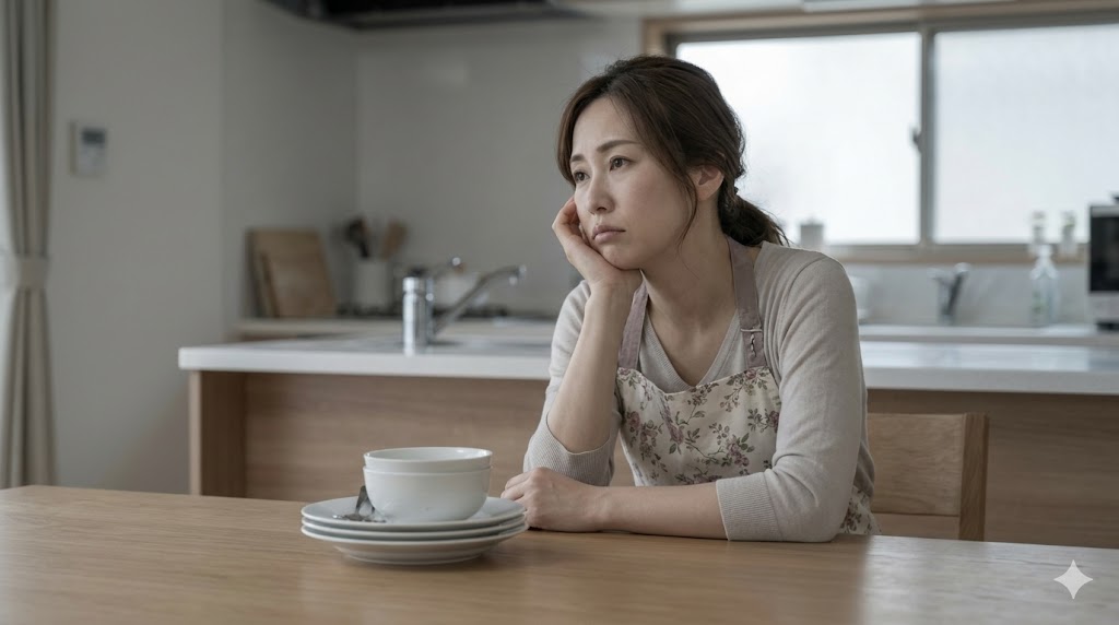 終わらない家事に虚無感を感じ、台所で頬杖をついて遠くを見つめる主婦の横長画像。自然光が差し込むものの、少し寂しげな雰囲気。