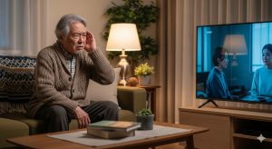 テレビの音が聞こえにくそうに、耳に手を当てて困った表情でテレビを見る日本の高齢男性