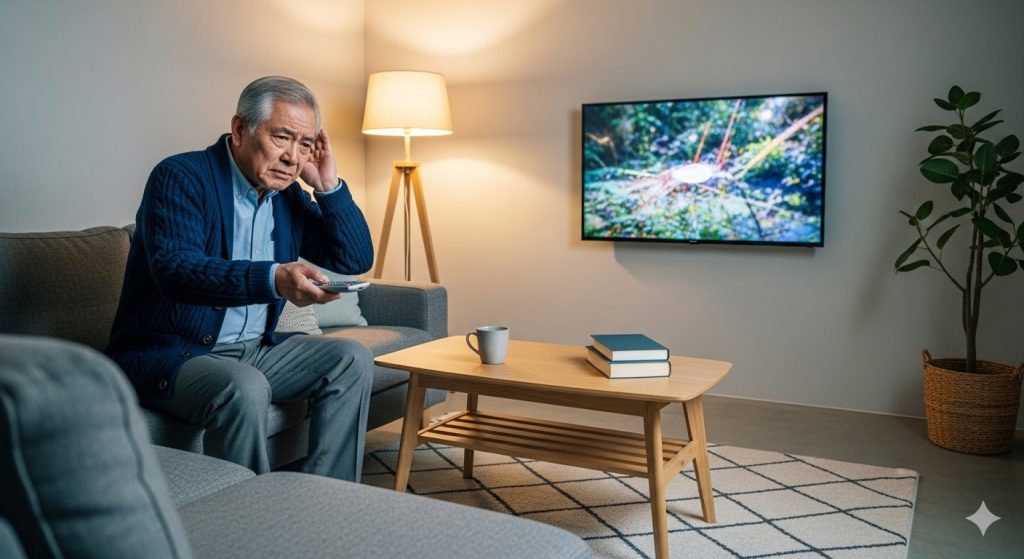 薄型テレビの前で音が聞き取りにくそうに困惑する高齢の日本人男性
