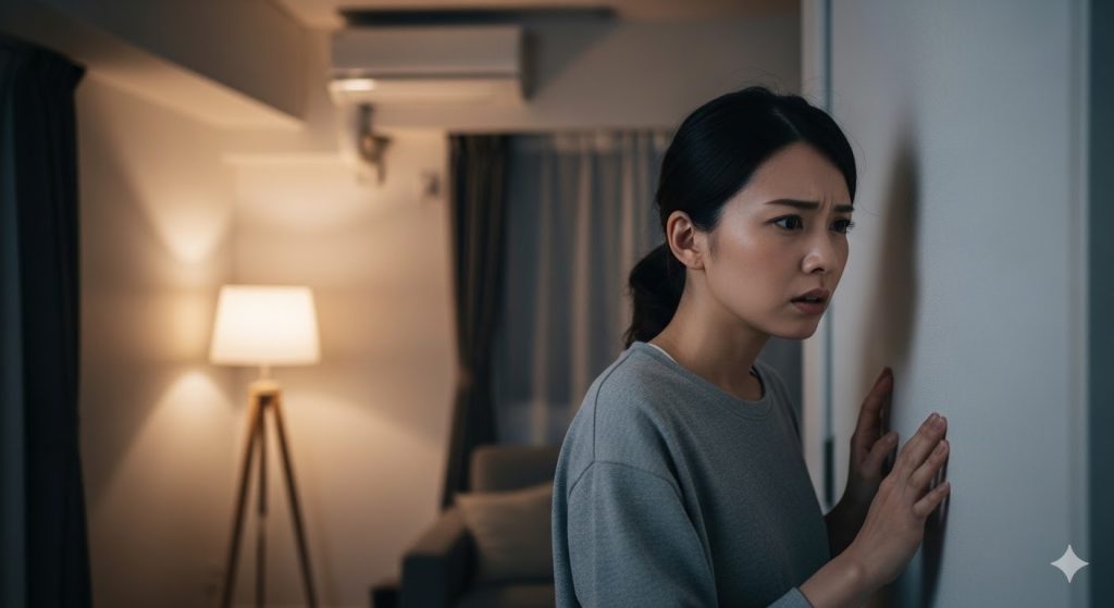 隣家からのテレビの音漏れや騒音トラブルを心配する日本人女性